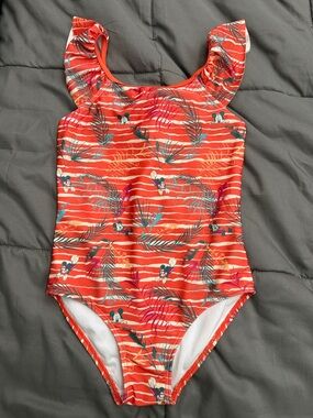 Girls Disney Mickey Red Orange Tropical One-Piece Swimsuit with Ruffle Straps